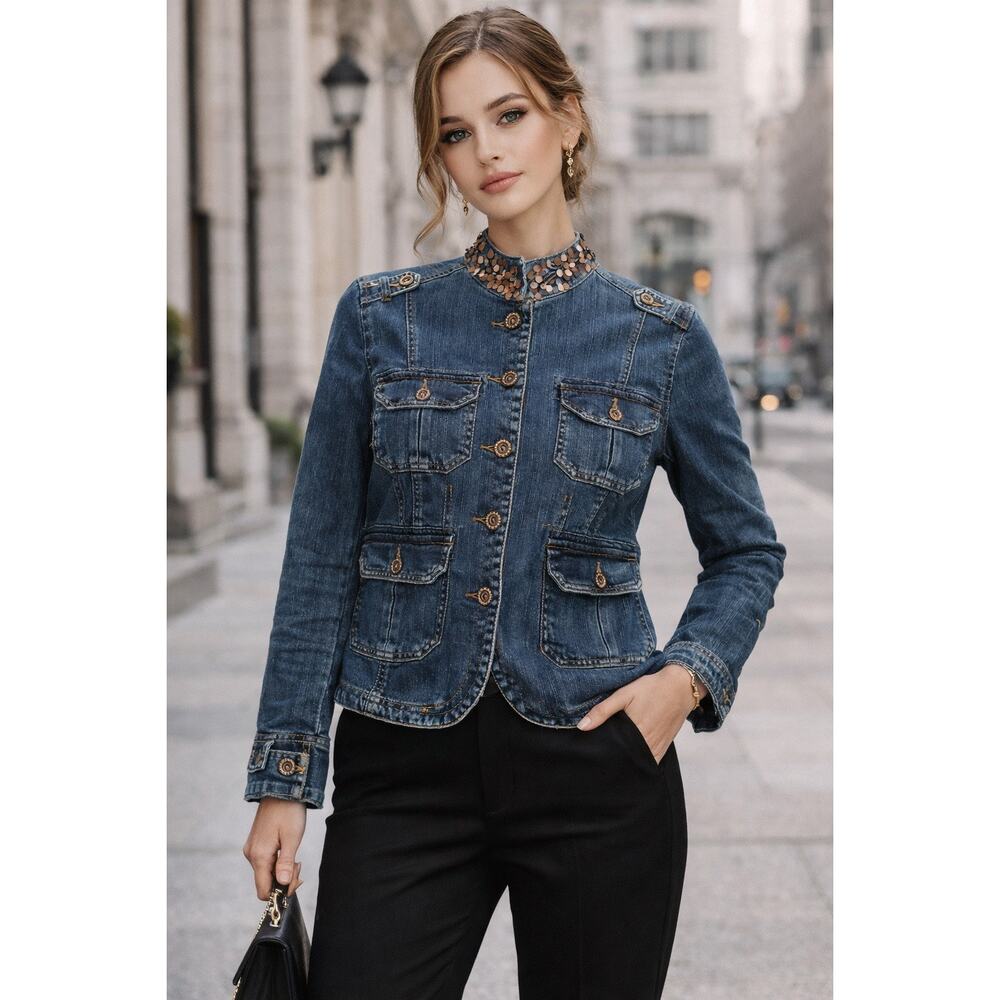 DKNY Jeans Denim Jacket Women Large Sequin Collar Utility Military Stretch Blue